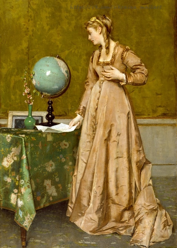 Gemälde von Alfred Stevens: Frau in Satin neben einem Globus und einem ungeöffneten Brief