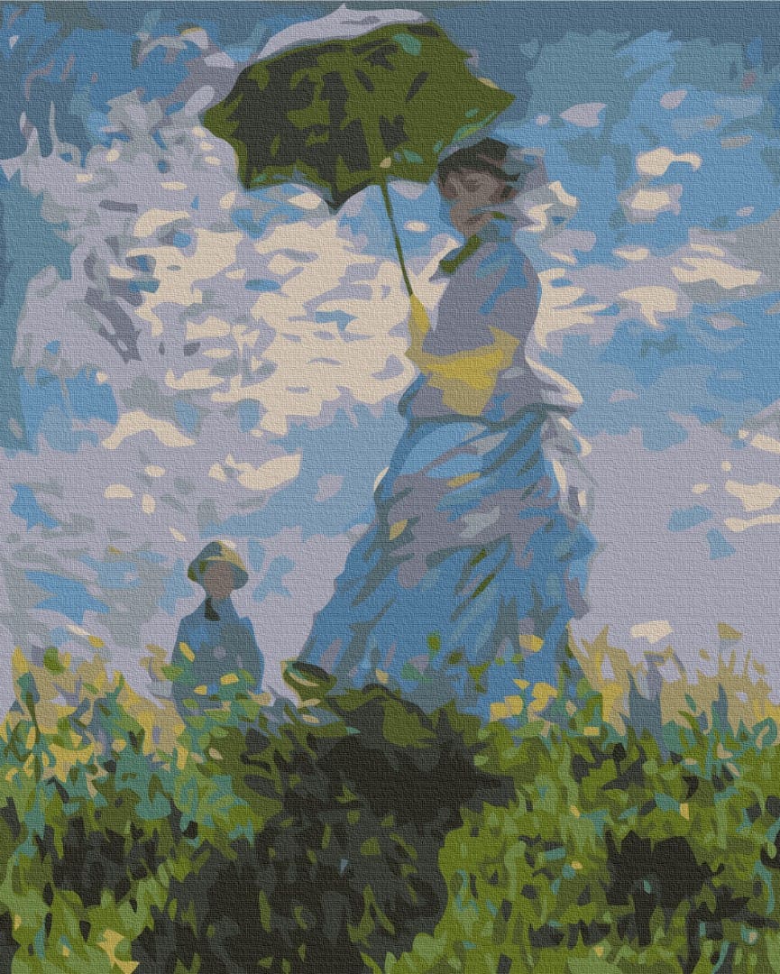 Paint-by-numbers reproduction of Claude Monet's Woman with a Parasol, mother and child in a summer meadow