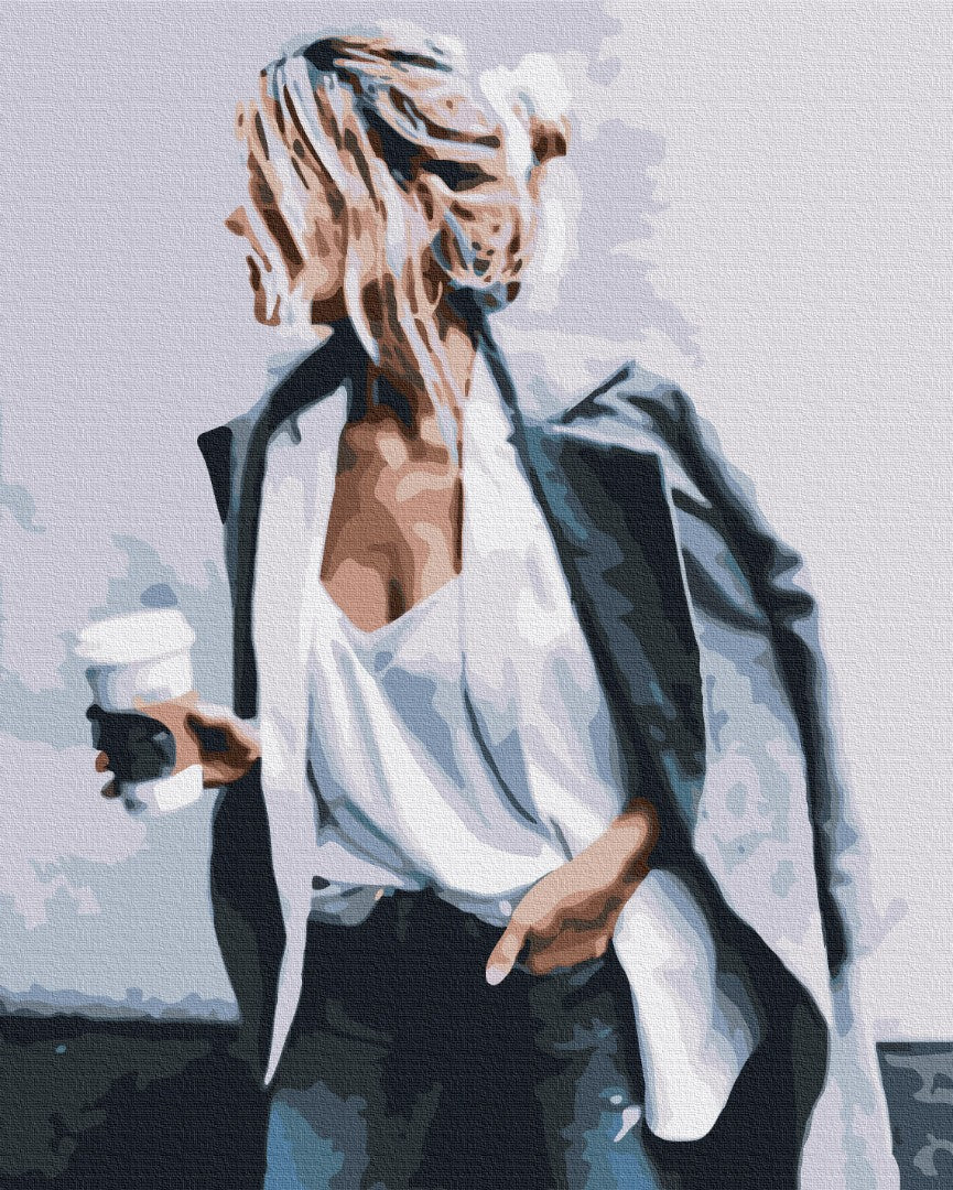 Illustrierte Frau im grauen Blazer mit Kaffeebecher — Street-Style-Design zum Malen nach Zahlen