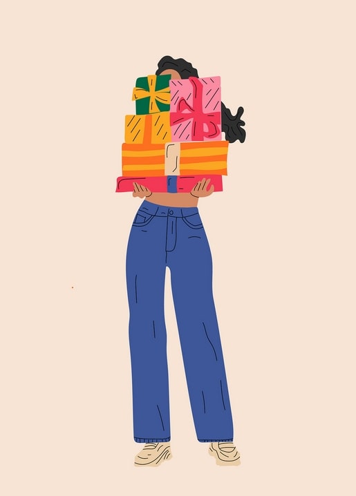 Illustrated woman hidden behind a tall stack of wrapped gift boxes