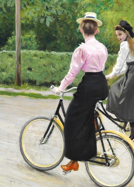 Paul Fischer painting of two women cycling on a shaded summer path, one in a pink blouse.