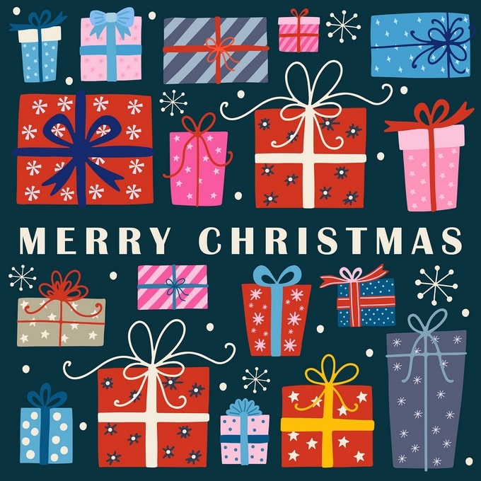 Muster aus bunt verpackten Weihnachtsgeschenken mit dem Schriftzug „Merry Christmas“