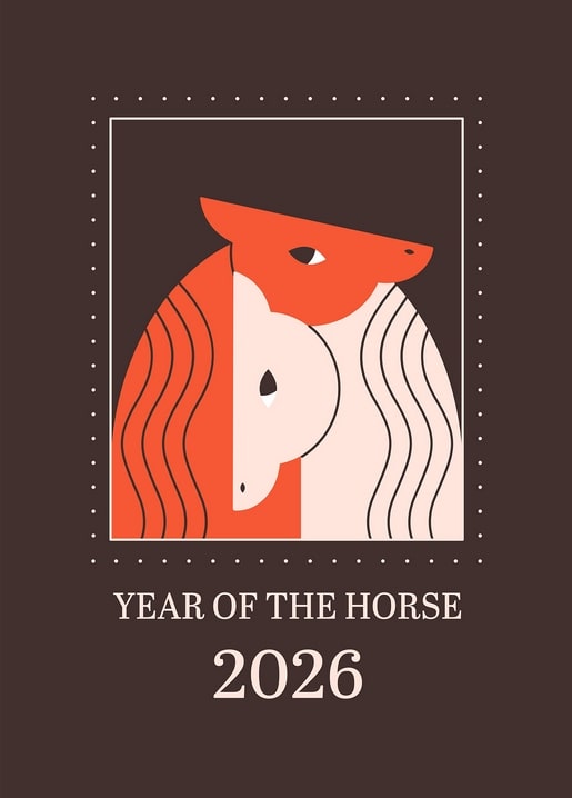 Zweifarbiger orange-cremefarbener Pferdekopf im gepunkteten Rahmen mit Schriftzug 'Year of the Horse 2026'