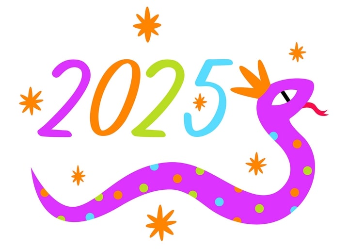 Lila gepunktete Schlange neben bunten Ziffern „2025“ und orangen Sternen auf Weiß