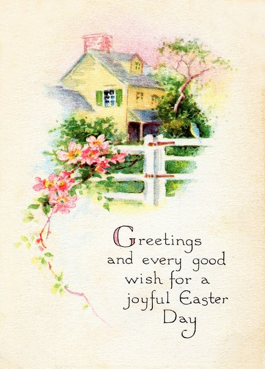 Illustration eines gelben Cottages hinter einem Zaun mit blauem Vogel und Apfelblütenzweig.