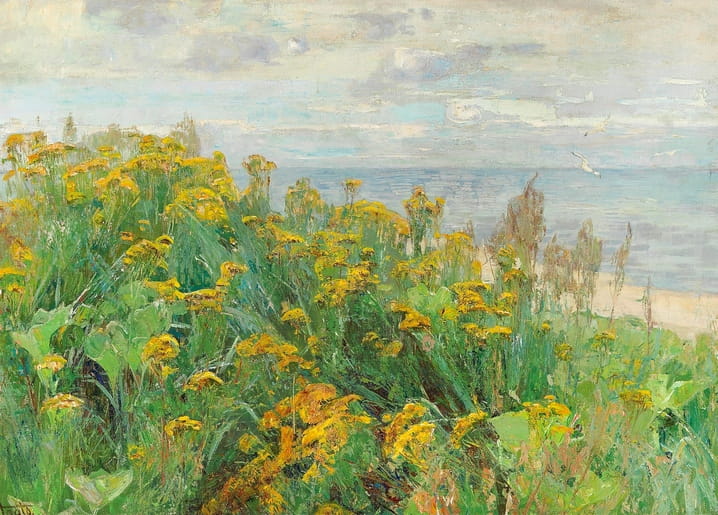 Painting of golden tansy wildflowers on a coastal dune overlooking a hazy blue sea