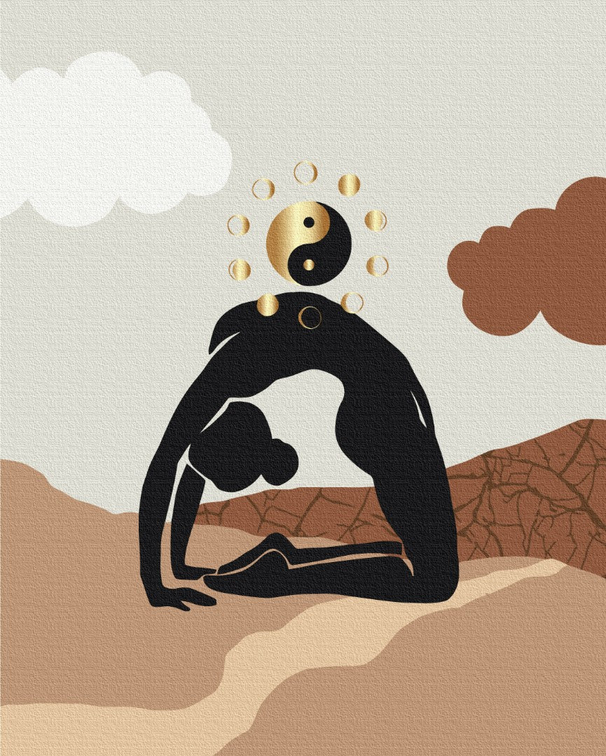 Schwarze Silhouette in Yoga-Rückbeuge unter goldenem Yin-Yang-Symbol über Wüstendünen