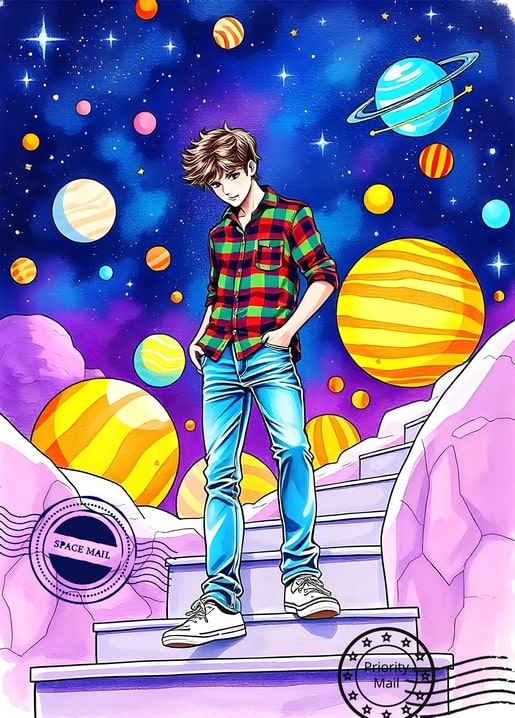 Postkarten-Illustration: junger Mann im Karohemd auf einer Treppe zwischen riesigen Planeten