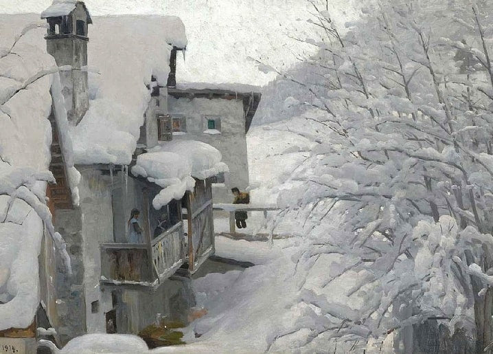 Mønsted-Gemälde von 1914: hölzerner Balkon mit Eiszapfen an einem verschneiten Alpenbauernhaus
