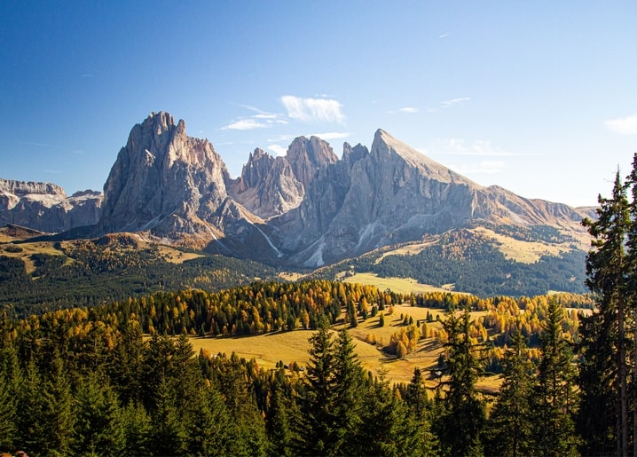 Scharfe Alpengipfel über goldenem Lärchenwald und grüner Bergwiese im Herbst