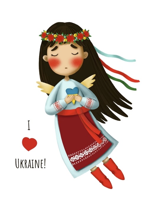 Illustration eines geflügelten Engelmädchens in Wyschywanka mit Blumenkranz und Herz neben „I ♥ Ukraine!“.