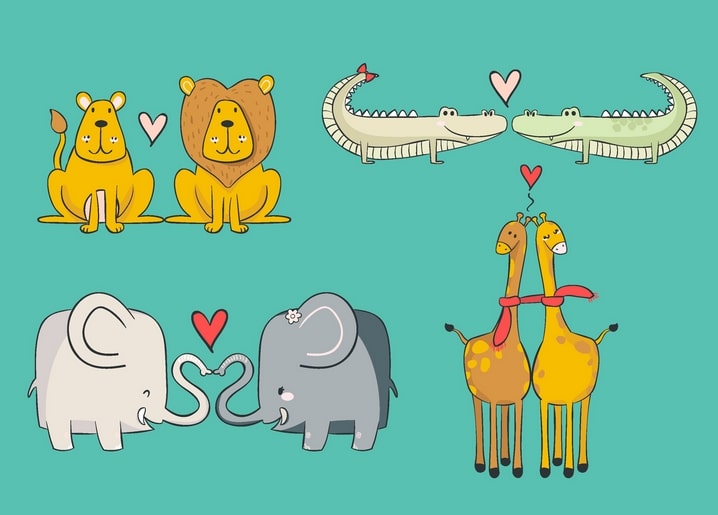 Vier verliebte Cartoon-Tierpaare: Löwen, Krokodile, Elefanten und Giraffen mit Herzen