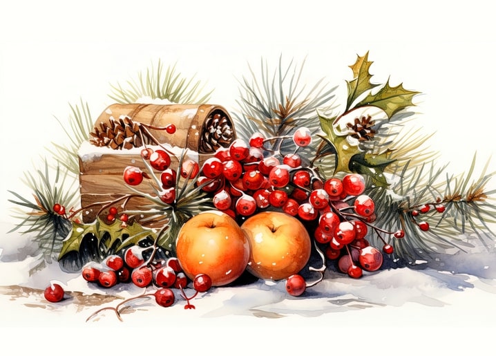 Watercolor winter still life with apples, cranberries, pinecones, and holly in the snow