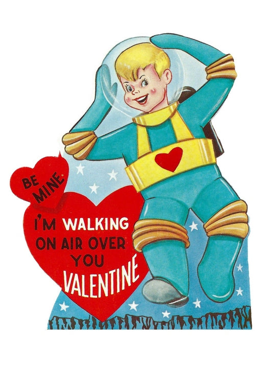 Vintage Valentine postcard of a boy in a teal space suit floating among stars beside a red heart