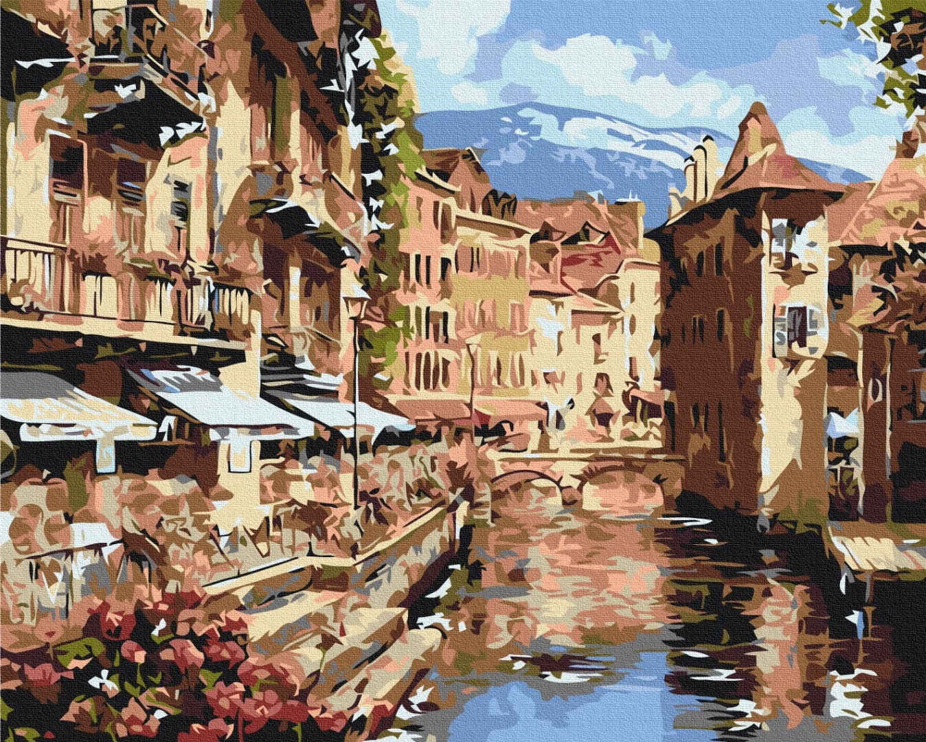 Paint-by-numbers scene of an Austrian canal town with flower-decked balconies and snow-capped mountains