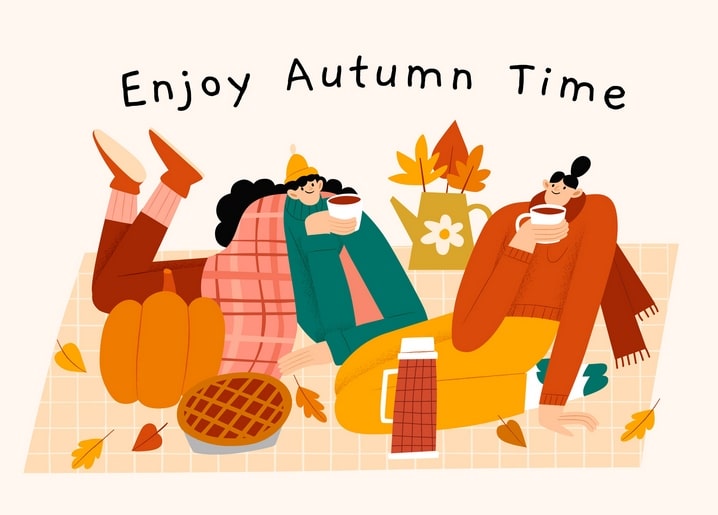 Illustration von drei Freunden mit Decke, Kaffee und Kürbiskuchen beim Herbstpicknick