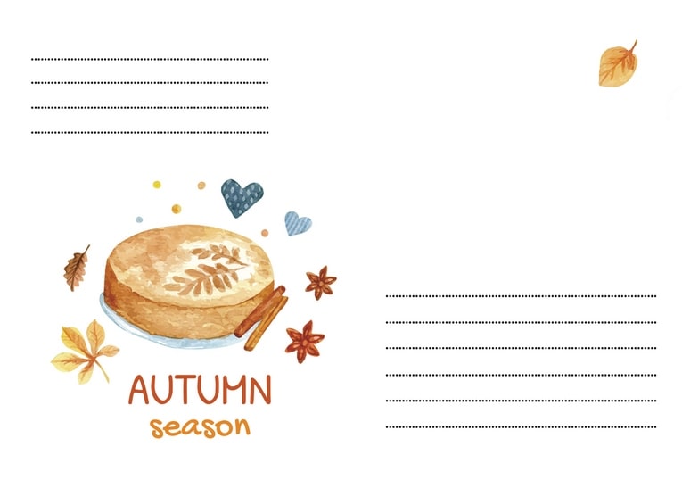 Watercolor autumn pie with cinnamon sticks, star anise and blue hearts on an envelope design