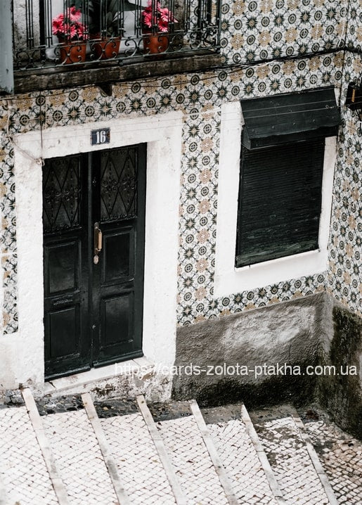 Dunkelgrüne Tür Nummer 16 an einer Azulejo-Fassade mit roten Geranien auf dem Balkon