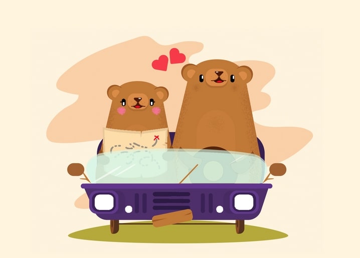 Zwei Bären fahren im lila Oldtimer mit Landkarte und Herzen