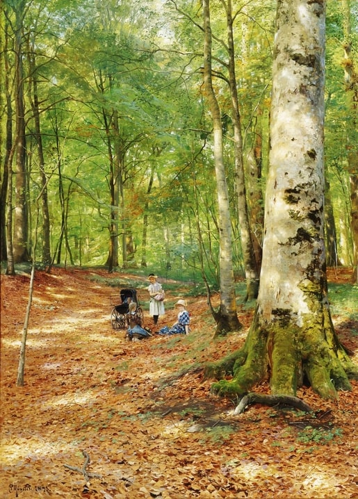 Frau mit Kinderwagen und Kind im herbstlichen Buchenwald, Gemälde von Peder Mønsted