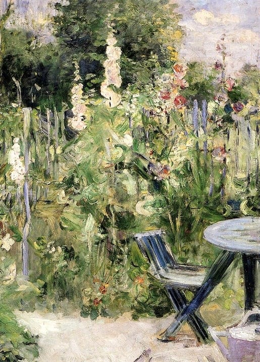Садовий пейзаж Берти Морізо з мальвами та плетеним кріслом