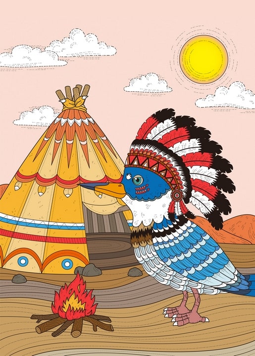 Doodle-Art-Vogelhäuptling mit Federhaube neben Tipi und Lagerfeuer