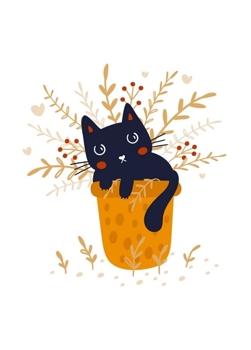 Illustrated postcard of a black cat curled up in an orange flowerpot with autumn berries.
