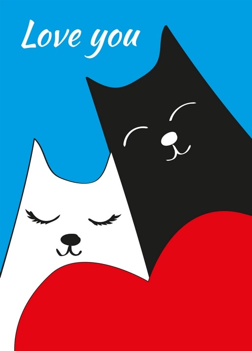 Illustration einer schwarzen und weißen Katze hinter einem großen roten Herz vor blauem Hintergrund