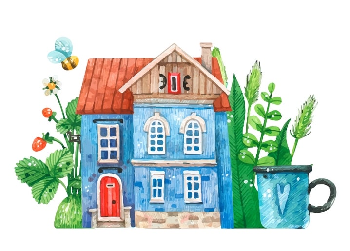 Watercolor blue cottage with red roof, a bee, wild strawberries and a heart-painted mug