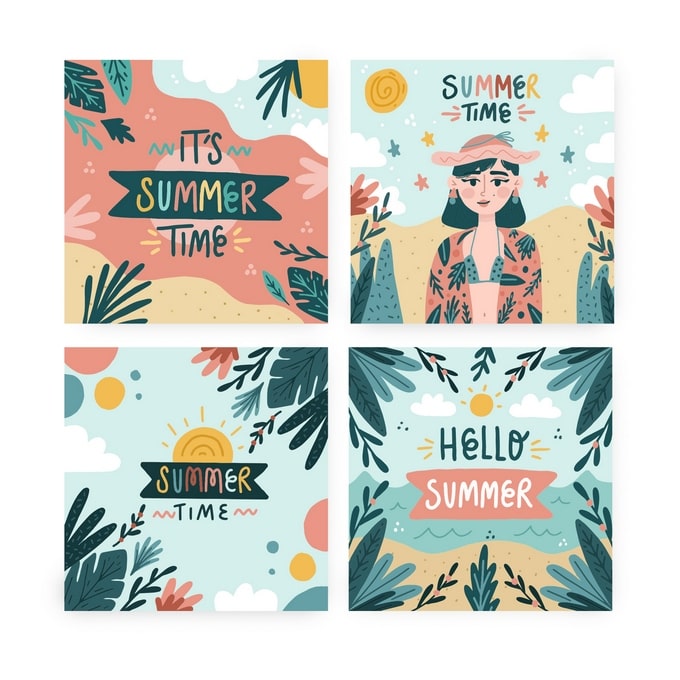 Чотири бохо-листівки: банер, жінка в капелюсі, світанок і напис «Hello Summer»