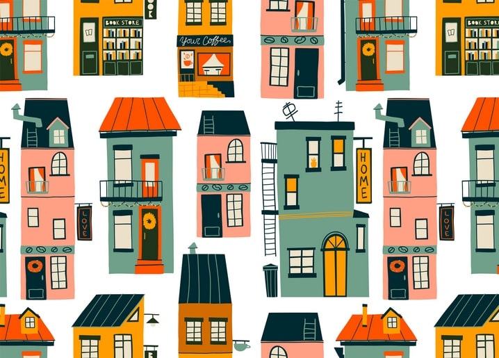 Illustrierte Reihe bunter Stadthäuser mit Buchladen, Café, Balkonen und Feuertreppen