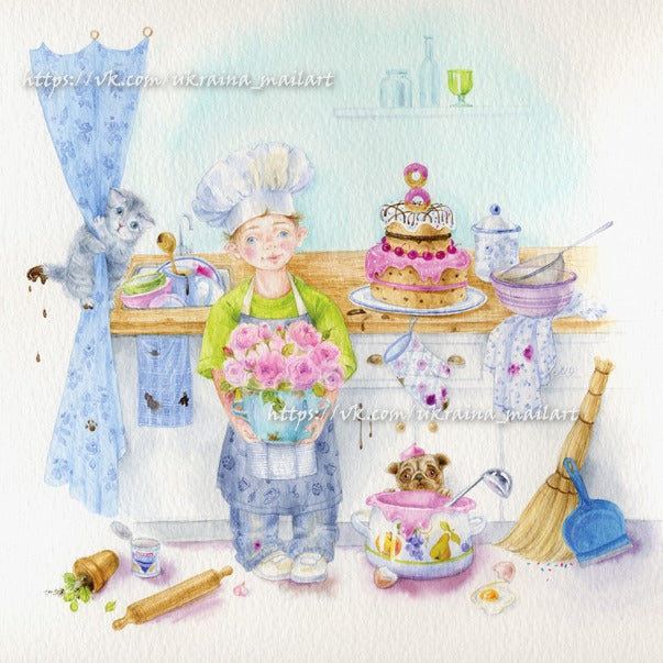 Хлопчик-кухар з трояндами біля святкового торта, кошеня та цуценя мопса на кухні