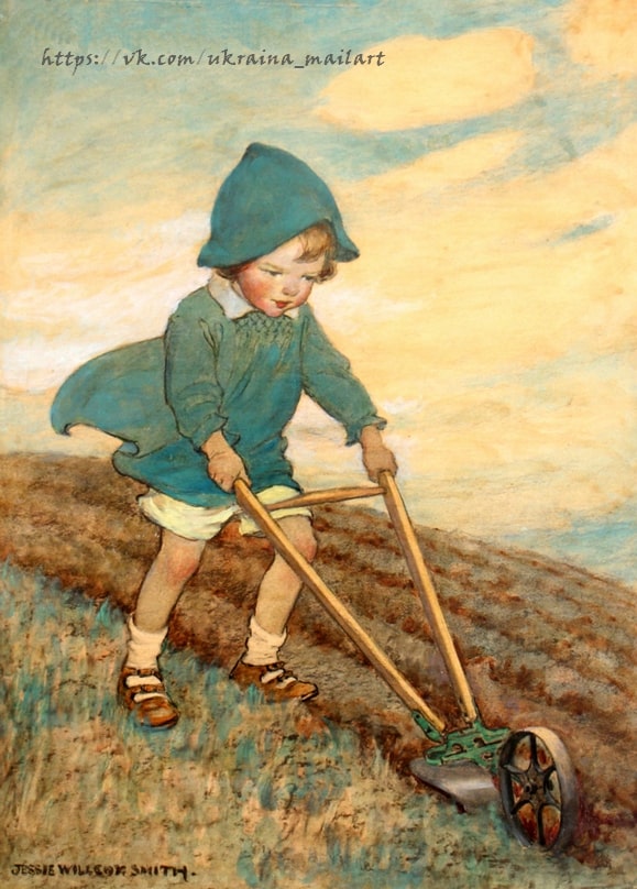 Illustration von Jessie Willcox Smith: Junge mit Spielzeugpflug auf windigem Hügel
