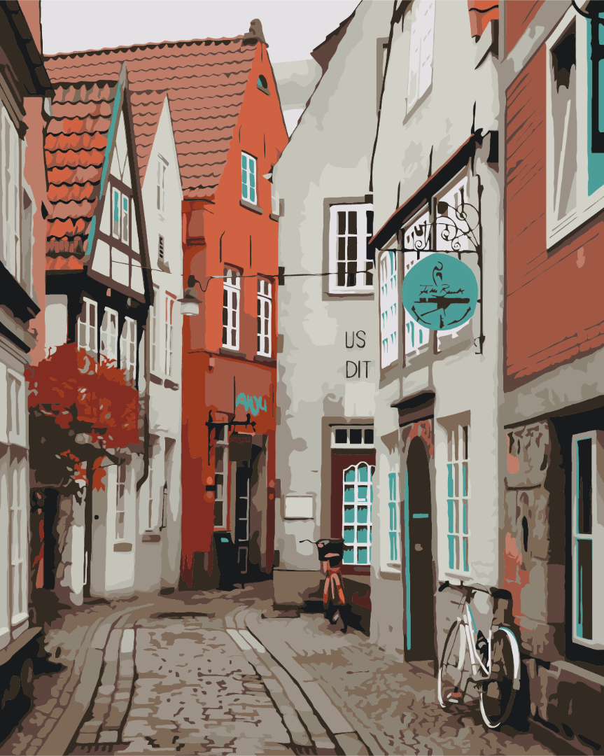 Cobblestone lane past colorful half-timbered houses in Bremen's Schnoor quarter, paint-by-number design