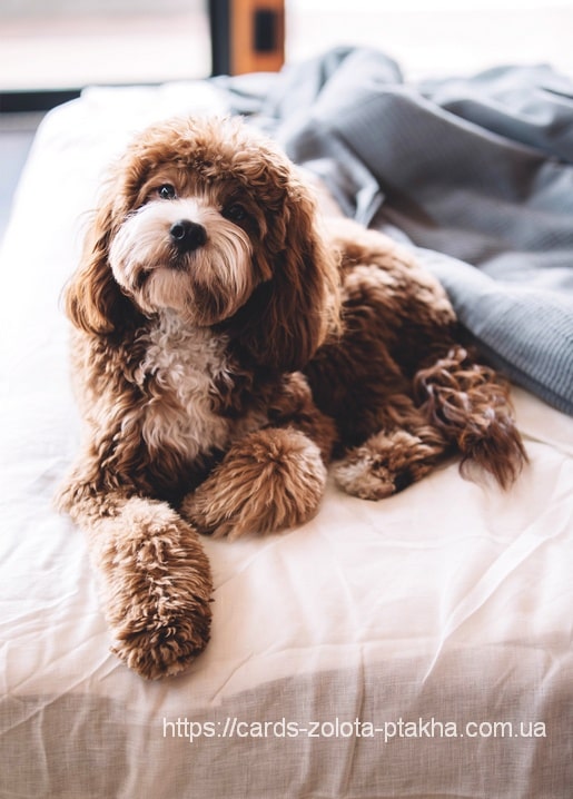 Brown-and-white curly-coated puppy sitting on a linen bed with a grey knit throw