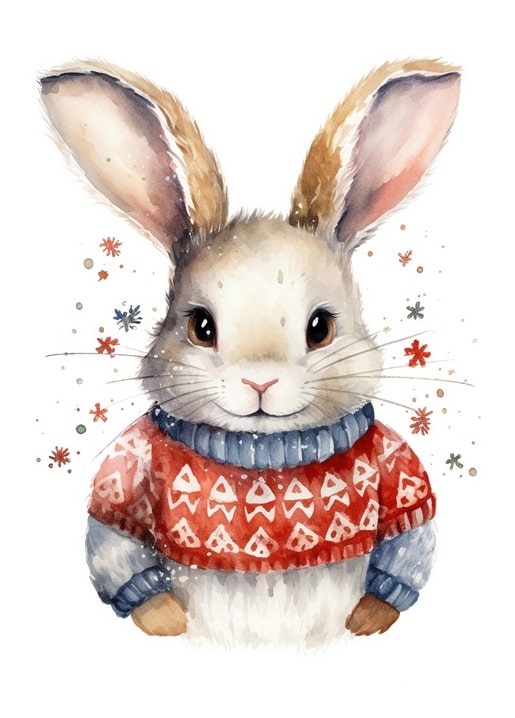 Aquarelliertes Häschen im roten Pullover zwischen Schneeflocken