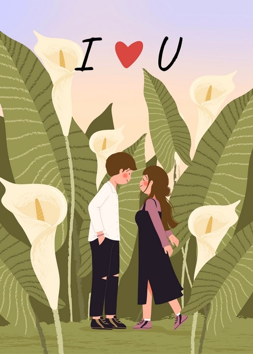 Verliebtes Paar zwischen riesigen Calla-Lilien unter einem I-love-you-Herz