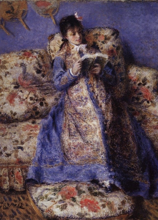 Renoir's 1872 painting of Camille Monet reading a book on a floral sofa