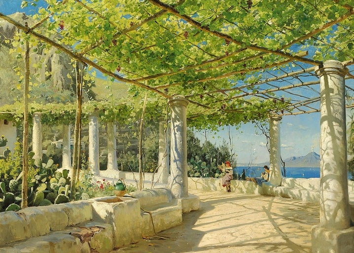 Weinlauben-Kolonnade mit Blick auf das blaue Mittelmeer bei Capri, Gemälde von Mønsted