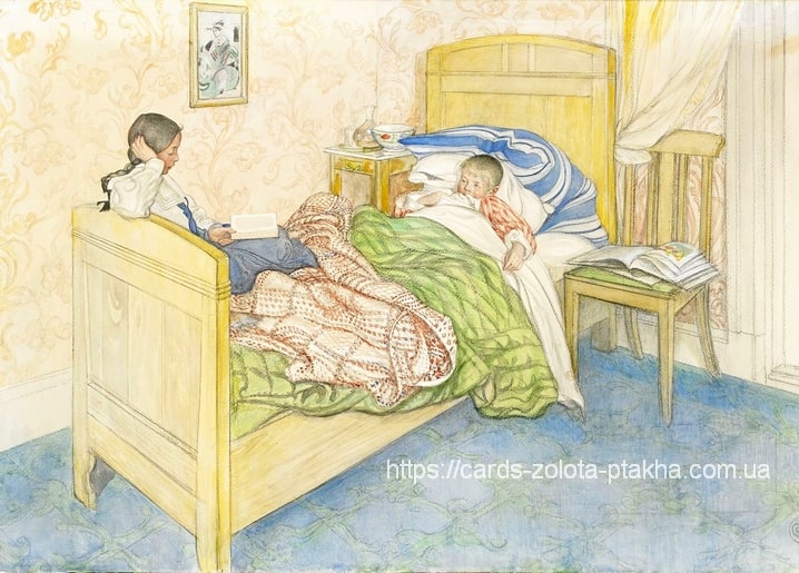 Двоє дітей у жовтому ліжку: одна читає книжку, інша вкутана в смугасту ковдру