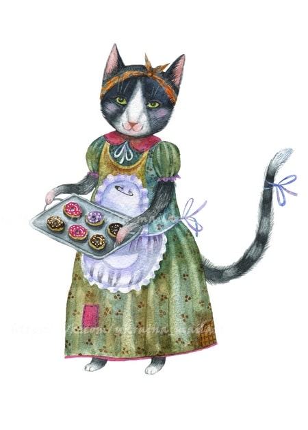 A tuxedo cat in a floral dress and lace apron holds a tray of freshly baked donuts