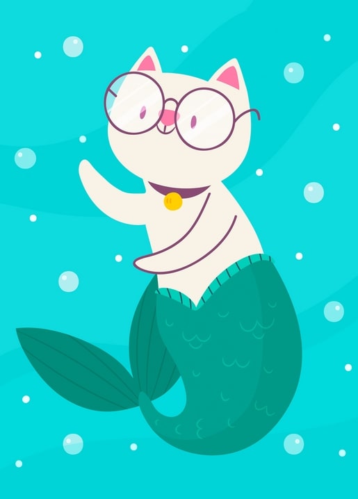 Illustrated white cat mermaid with round glasses and green tail among bubbles