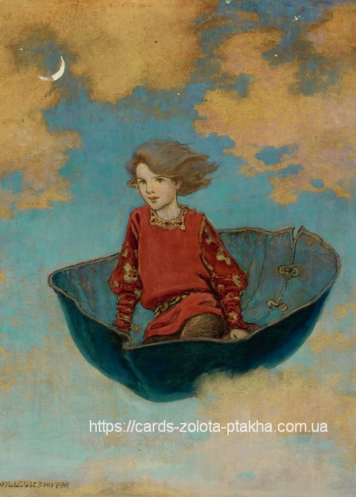 Illustration eines Kindes, das in einem riesigen blauen Blattboot durch wolkigen Himmel unter der Mondsichel segelt.