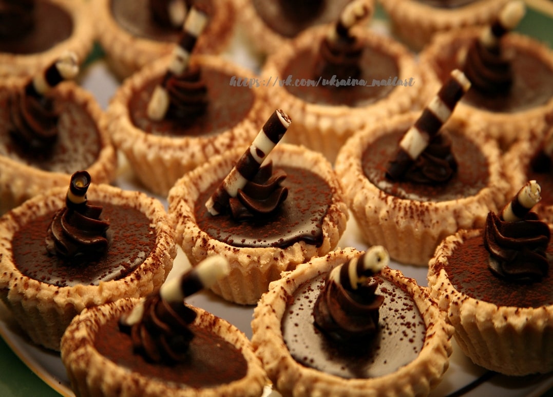 Reihen von Mini-Schokoladentartelettes mit Kakaopulver und gestreiften Waffelröllchen