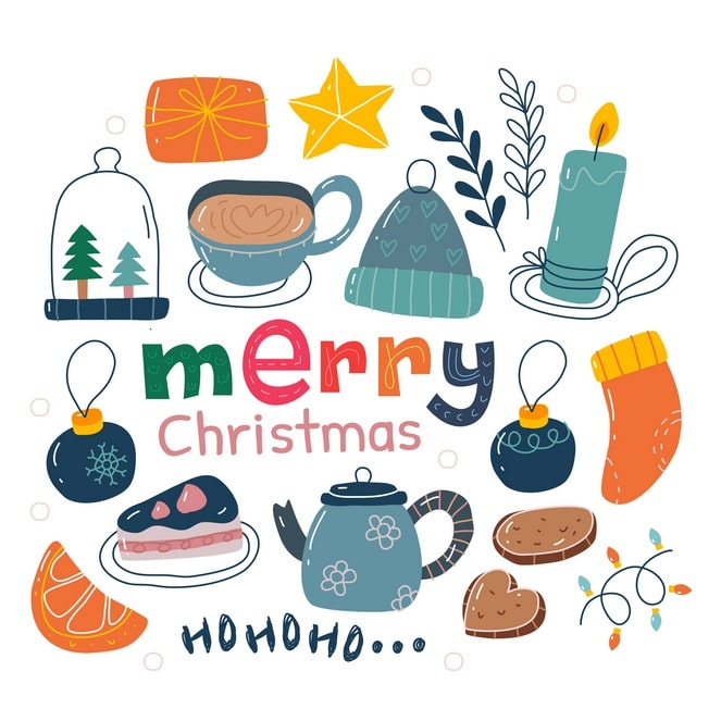 Weihnachtliche Collage mit Kakao, Schneekugel, Ornamenten und Plätzchen