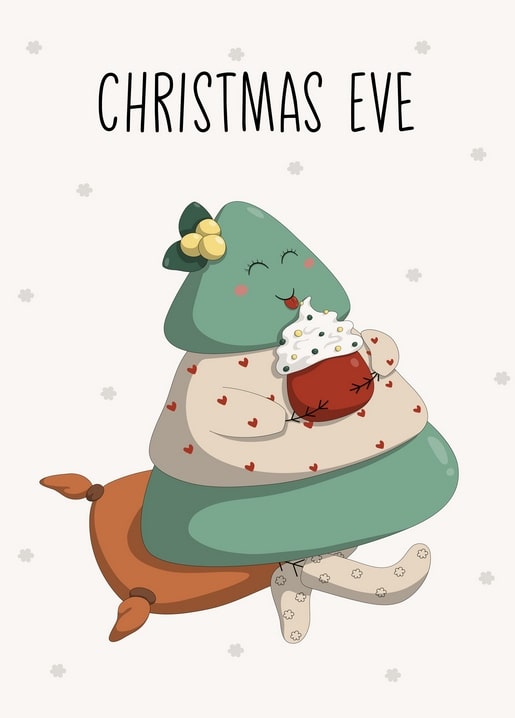 Illustrierte Weihnachtsbaum-Figur umarmt herzförmiges Naschwerk, Postkarte „Christmas Eve“