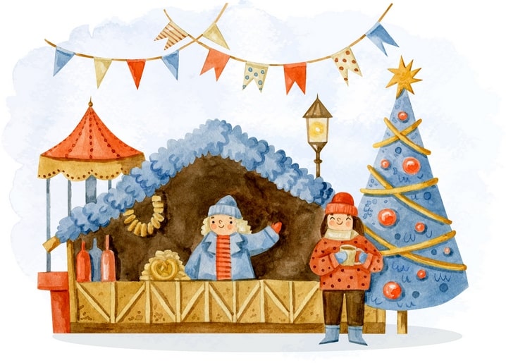Aquarell-Illustration eines Paares an einem Weihnachtsmarktstand mit Wein, Brezel und blauem Baum