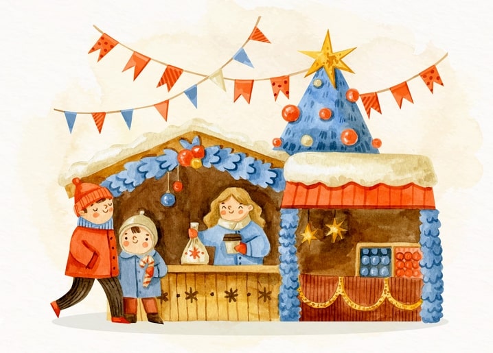 Aquarell-Illustration einer Mutter mit zwei Kindern an einem Lebkuchen-Weihnachtsmarktstand