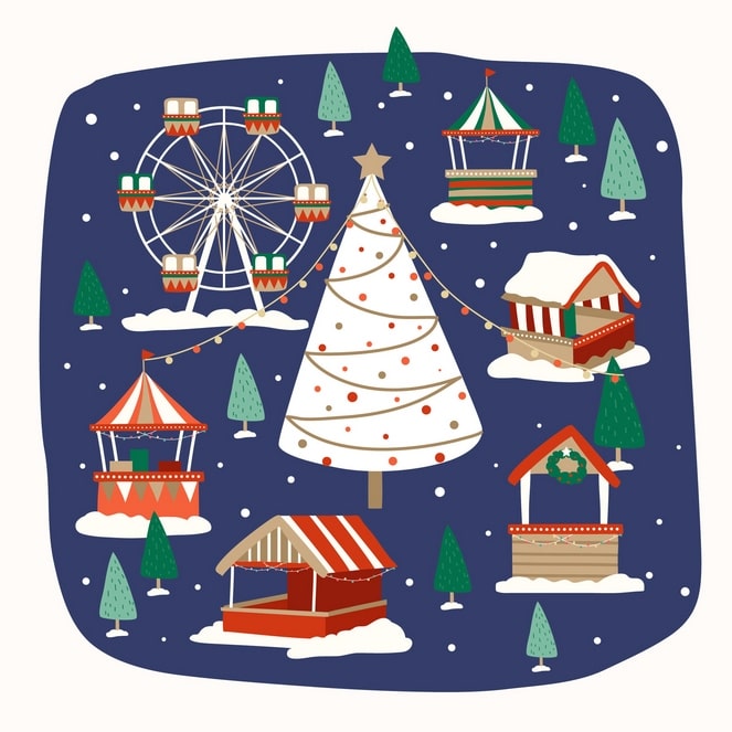 Weihnachtsmarkt mit Riesenrad, geschmücktem Baum und gestreiften Ständen im Schnee