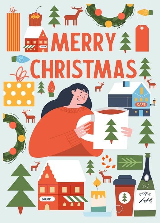 Illustration einer Frau mit Weihnachtstasse, umgeben von Kränzen, Geschenken und Lebkuchenhäusern